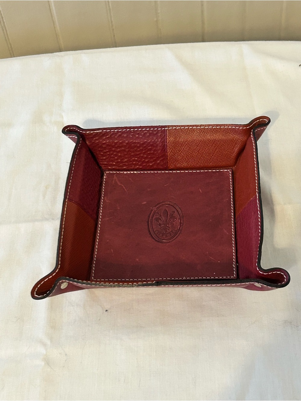 Vintage Firenze Made In Italy Leather Valet Tray Catchall Red Brown Multi-Tone